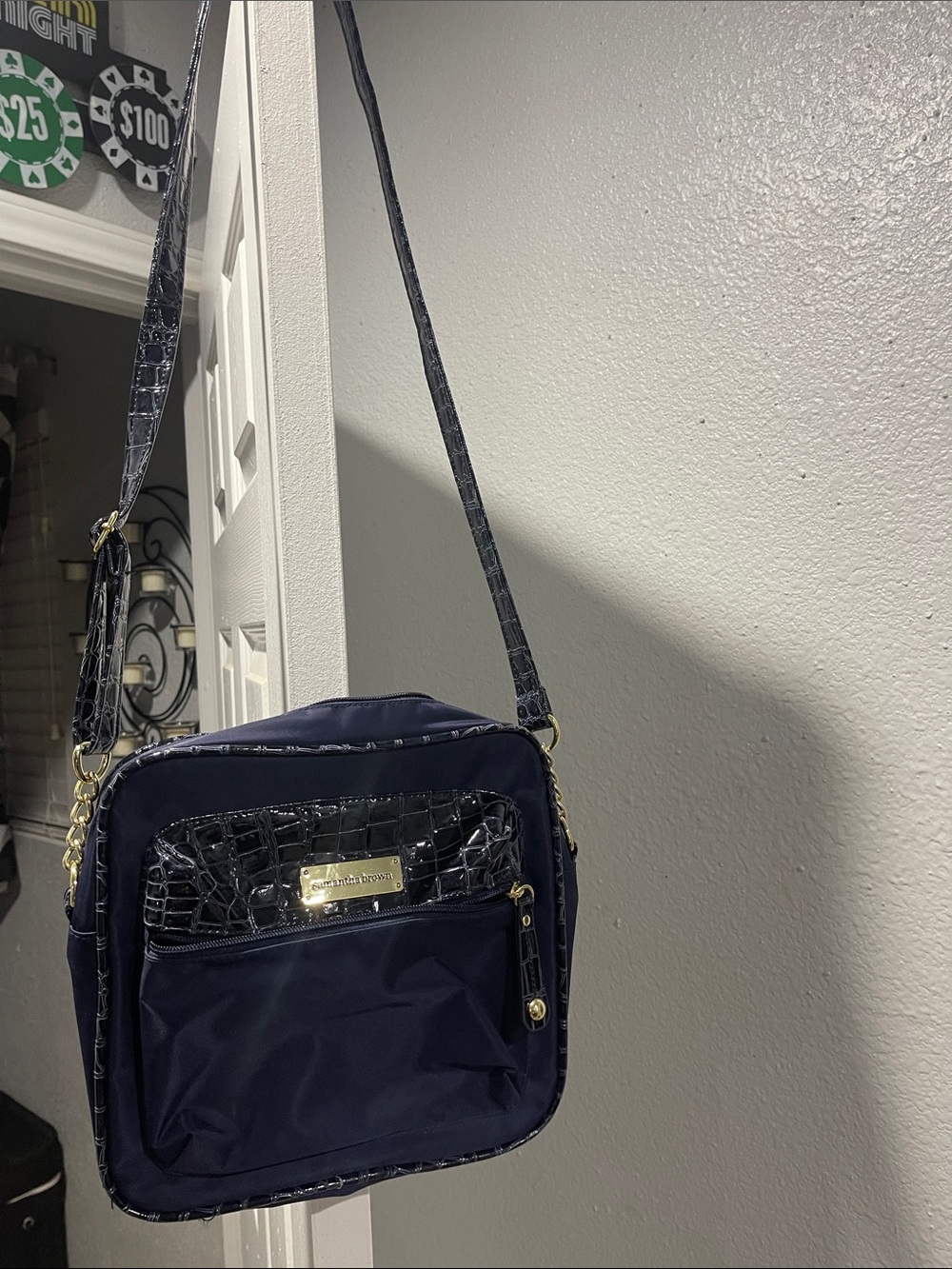 Samantha Brown Navy Crossbody Bag with Croc-Trim and Gold Hardware